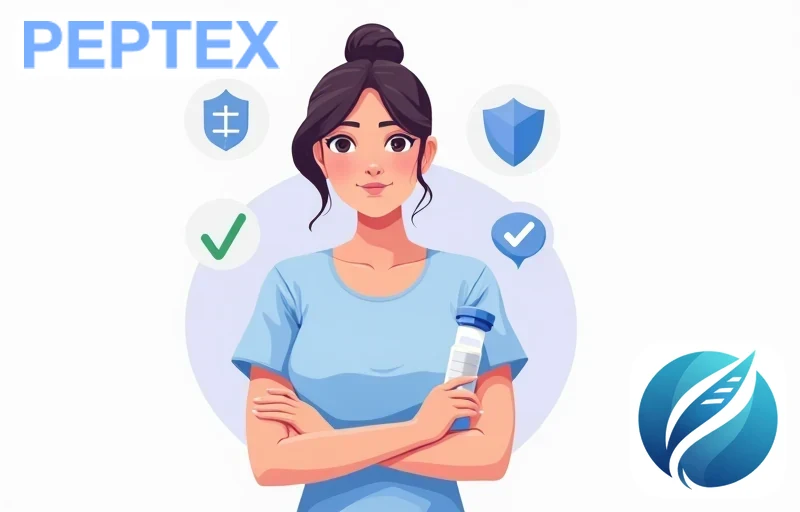 Person in blue t-shirt holding peptide vial representing PEPTEX customer trust