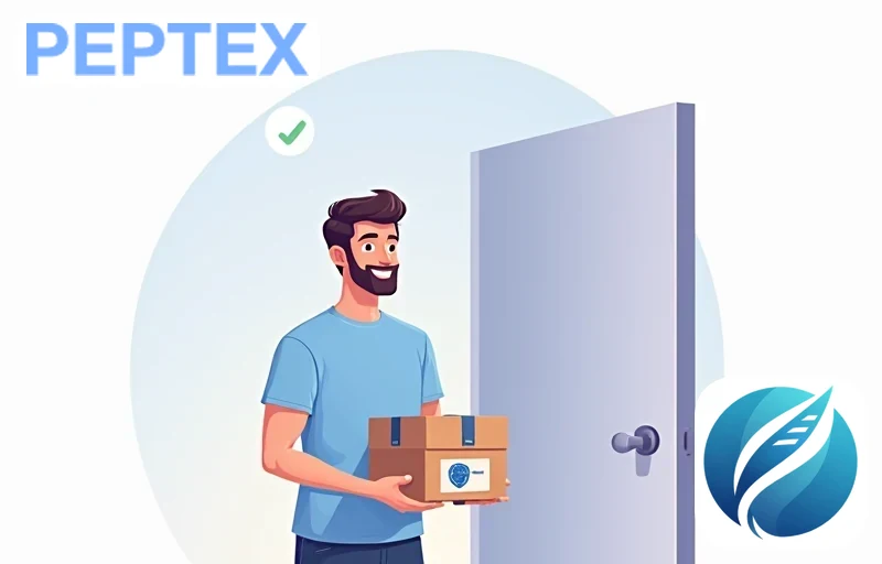 Person in blue t-shirt receiving peptide delivery package at doorstep