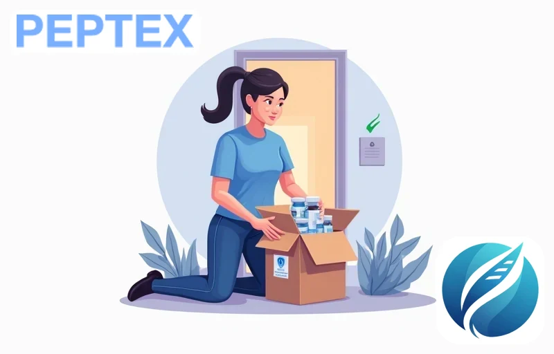 Person in blue t-shirt checking delivered peptide package temperature indicator