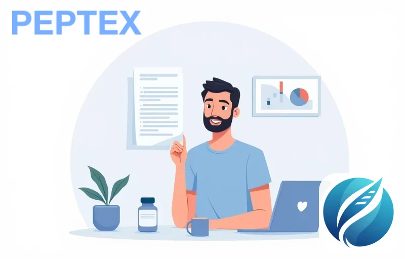 Person in blue t-shirt examining certificate of analysis document with peptide vial