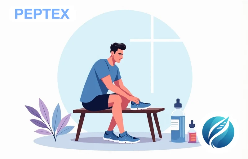 Man in his early 30s in blue t-shirt starting morning workout with peptide vial on bench and water