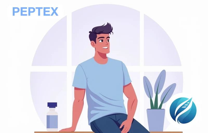 Man in blue t-shirt checking his shoulder after tendon injury recovery with peptide pen nearby