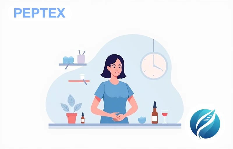 Woman in blue t-shirt holding her stomach with calm expression after peptide protocol for gut inflammation