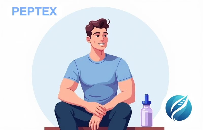 Fit man in blue t-shirt holding water bottle after workout with peptide vial on bench