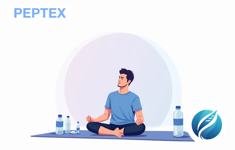 Male runner in blue t-shirt stretching at home on rest day with peptide vial and water on table