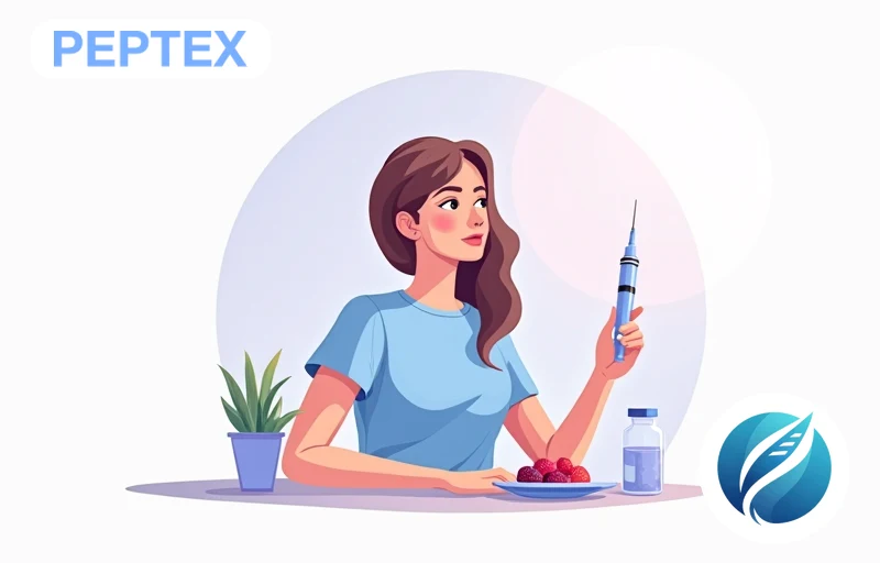 Woman mid-30s in blue t-shirt in kitchen with peptide injection pen and healthy breakfast